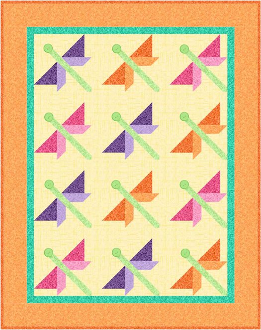 Dragonfly Flight - This traditionally pieced quilt pattern with button heads is 44” W x 55 3/4” H when finished. The blocks are 10" square finished & 10 1/2" square unfinished.