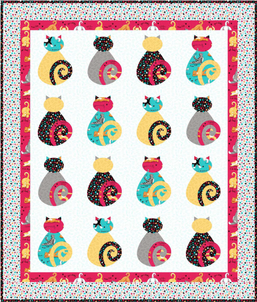 Kitty Love - This traditionally pieced & appliquéd quilt pattern is 51 1/2” W x 59 1/2” H. The blocks are 10" square finished & 10 1/2" square unfinished.